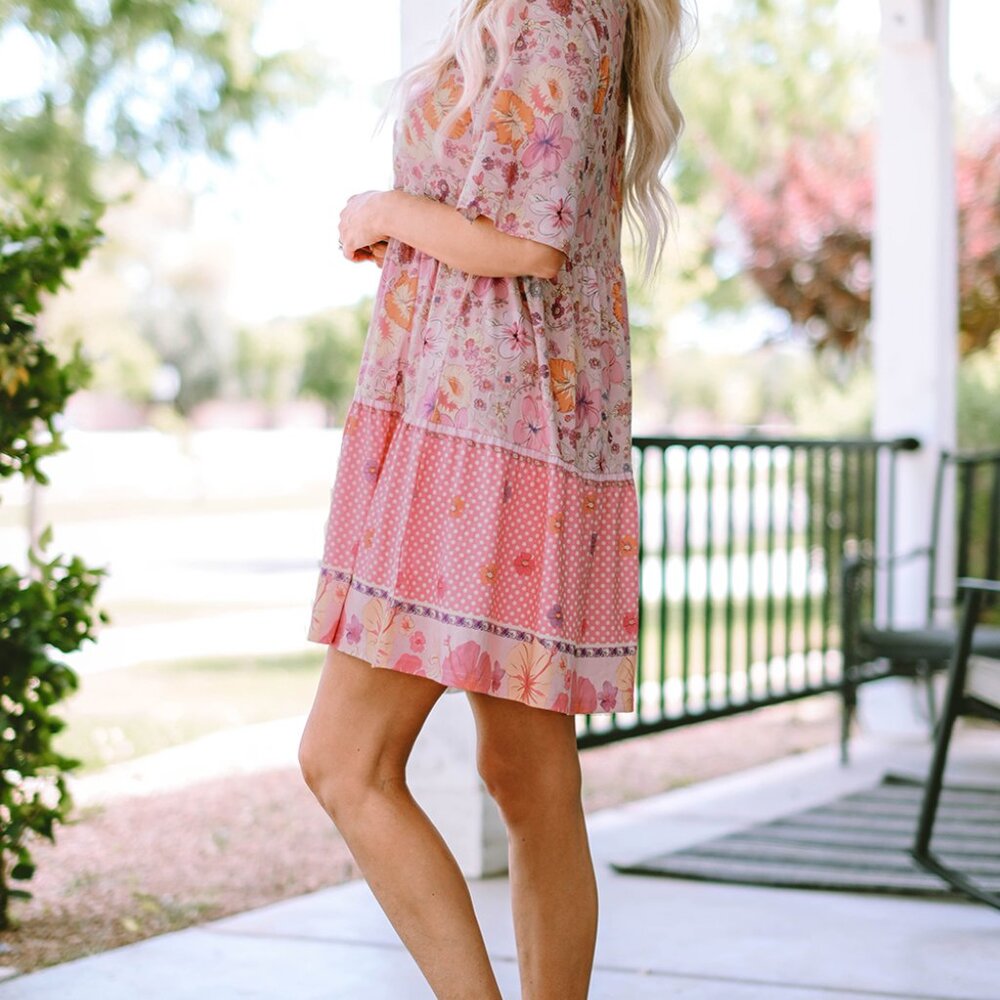 B256 Multicolor Hibiscus Floral Print Ruffle Mini Dress - Picture 7 of 12